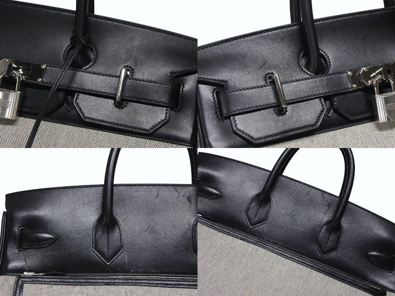 HERMES Hautacroix 40 Cargo Handbag Toile Ash Vaudever Calf Ecru Black Z Stamp 2021 SV Hardware Good Condition Used 4b008142