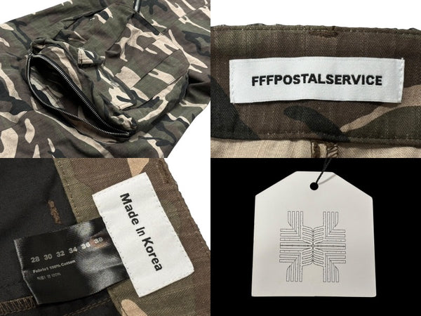 新品未使用 FFFPOSTALSERVICE ポスタルサービス Wide Back Zip Cargo Pants ワイドバック ジップカーゴパンツ サイズ38 カモフラ柄 中古 4b008168