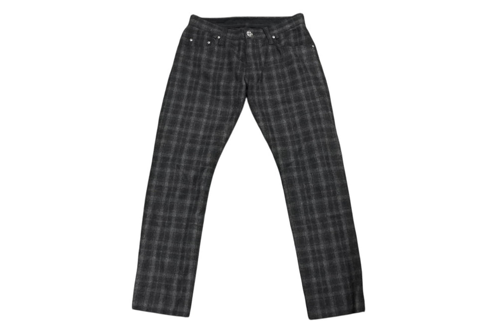 極美品 CHROME HEARTS クロムハーツ ウールチェックパンツ グレー ブラック クロスボール シルバー925 ロゴ サイズ32 中古 4b008183