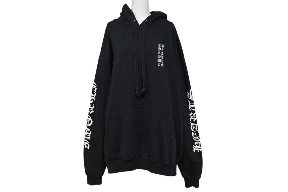 CHROME HEARTS クロムハーツ 袖プリント プルオーバーパーカー フーディ サイズXL ブラック 美品 中古 4b008187