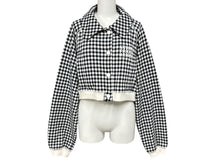 Load image into Gallery viewer, MIUMIU ミュウミュウ クロップド ブルゾン ジャケット MJL819 サイズM チェック柄 ロゴ ラグラン ホワイト ブラック 美品 中古 4b008193