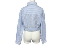 Load image into Gallery viewer, MIUMIU ミュウミュウ 長袖シャツ ML824 サイズ40 オックスフォード ストライプ ブルー ロゴ刺繍 短丈 美品 中古 4b008198