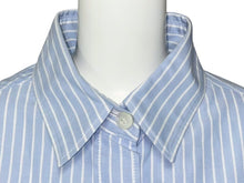 Load image into Gallery viewer, MIUMIU ミュウミュウ 長袖シャツ ML824 サイズ40 オックスフォード ストライプ ブルー ロゴ刺繍 短丈 美品 中古 4b008198