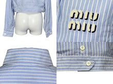 Load image into Gallery viewer, MIUMIU ミュウミュウ 長袖シャツ ML824 サイズ40 オックスフォード ストライプ ブルー ロゴ刺繍 短丈 美品 中古 4b008198