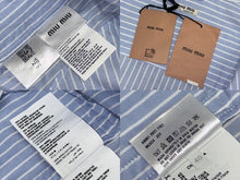 Load image into Gallery viewer, MIUMIU ミュウミュウ 長袖シャツ ML824 サイズ40 オックスフォード ストライプ ブルー ロゴ刺繍 短丈 美品 中古 4b008198