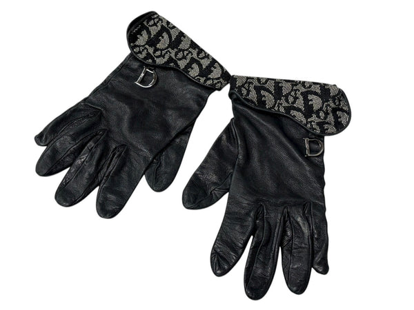 CHRISTIAN DIOR クリスチャンディオール トロッターライン グローブ キャンバス ジープスキン Dチャーム ネイビー ブラック 良品 中古 4b008262
