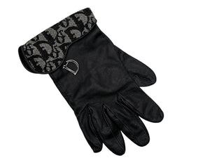 CHRISTIAN DIOR クリスチャンディオール トロッターライン グローブ キャンバス ジープスキン Dチャーム ネイビー ブラック 良品 中古 4b008262
