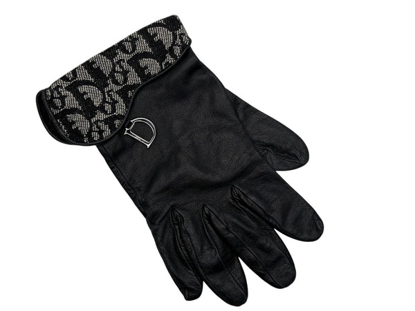 CHRISTIAN DIOR クリスチャンディオール トロッターライン グローブ キャンバス ジープスキン Dチャーム ネイビー ブラック 良品 中古 4b008262