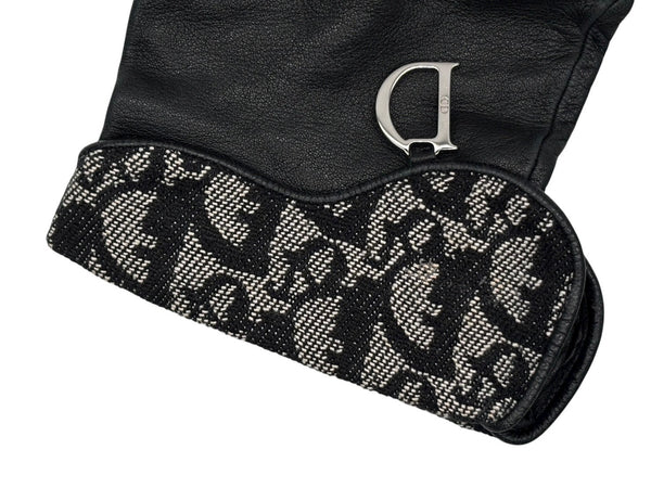 CHRISTIAN DIOR クリスチャンディオール トロッターライン グローブ キャンバス ジープスキン Dチャーム ネイビー ブラック 良品 中古 4b008262
