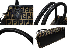 画像をギャラリービューアに読み込む, 新品同様 FENDI フェンディ ズッカ柄 ハンドバッグ AH10238 ベロア レザー ベージュ ブラック アンティークゴールド金具 中古 4b008344