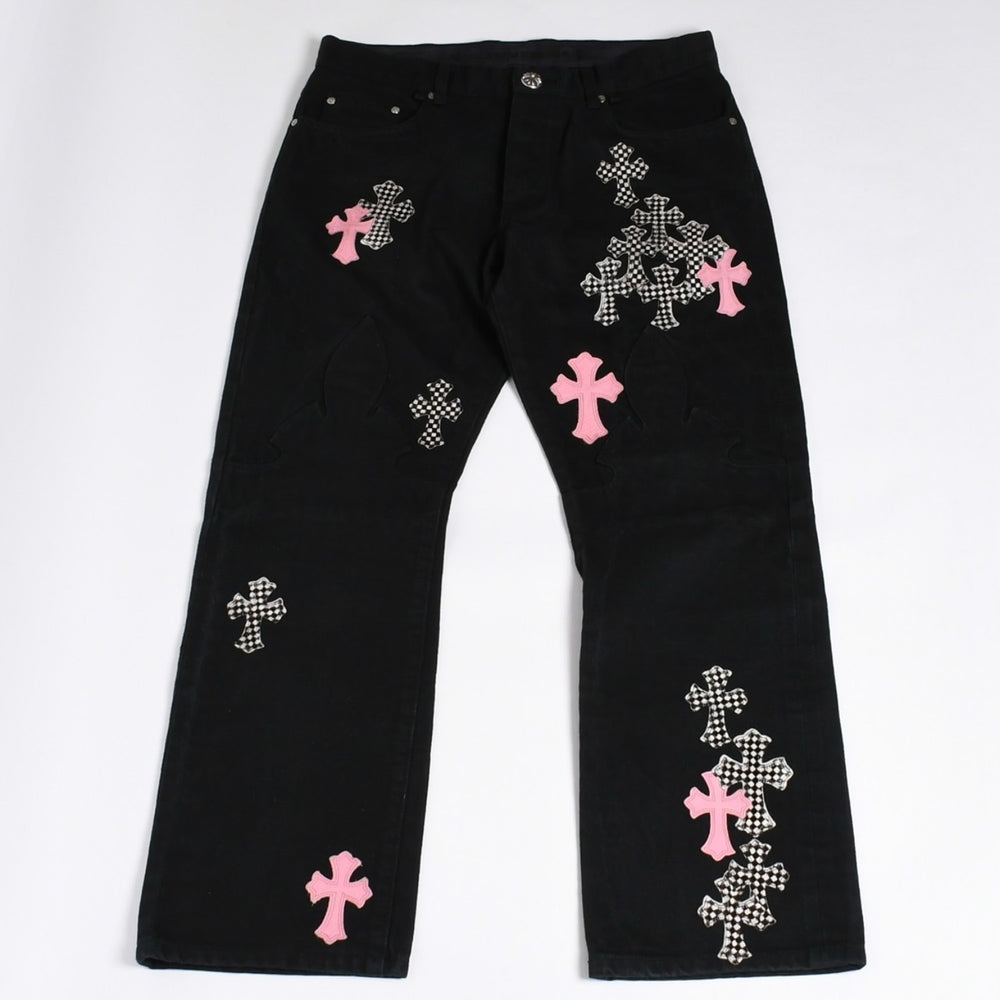 Very good condition CHROME HEARTS Cemetery Cross Patch Flare Knee Denim Pants Size 34 Haraco Black Plaid Used 4a000113