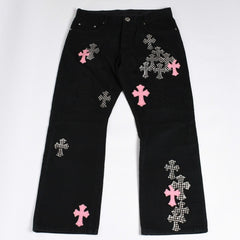 Very good condition CHROME HEARTS Cemetery Cross Patch Flare Knee Denim Pants Size 34 Haraco Black Plaid Used 4a000113