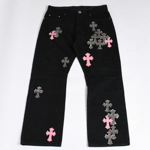 Very good condition CHROME HEARTS Cemetery Cross Patch Flare Knee Denim Pants Size 34 Haraco Black Plaid Used 4a000113
