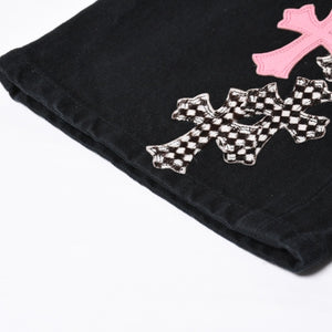 Very good condition CHROME HEARTS Cemetery Cross Patch Flare Knee Denim Pants Size 34 Haraco Black Plaid Used 4a000113