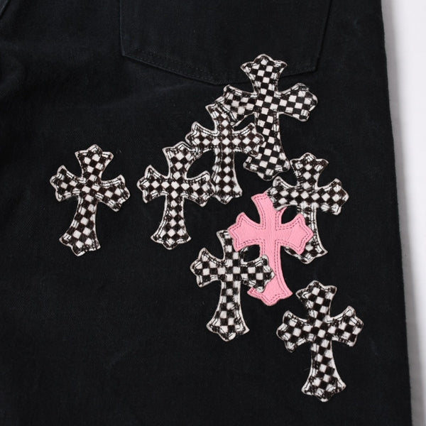 Very good condition CHROME HEARTS Cemetery Cross Patch Flare Knee Denim Pants Size 34 Haraco Black Plaid Used 4a000113