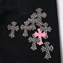 画像をギャラリービューアに読み込む, 極美品 CHROME HEARTS クロムハーツ セメタリークロスパッチ フレアニーデニムパンツ サイズ34 ハラコ ブラック チェック柄 中古 4a000113