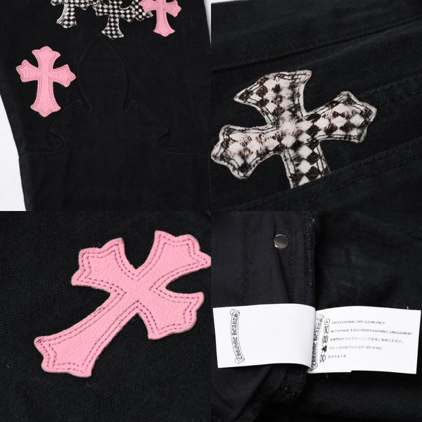 Very good condition CHROME HEARTS Cemetery Cross Patch Flare Knee Denim Pants Size 34 Haraco Black Plaid Used 4a000113