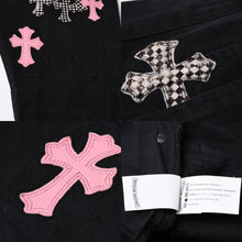 画像をギャラリービューアに読み込む, 極美品 CHROME HEARTS クロムハーツ セメタリークロスパッチ フレアニーデニムパンツ サイズ34 ハラコ ブラック チェック柄 中古 4a000113
