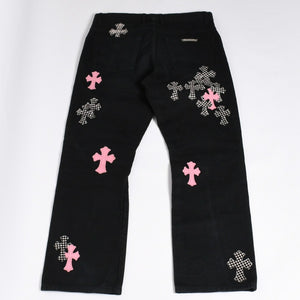 Very good condition CHROME HEARTS Cemetery Cross Patch Flare Knee Denim Pants Size 34 Haraco Black Plaid Used 4a000113