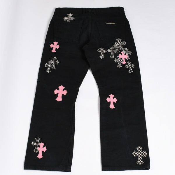 Very good condition CHROME HEARTS Cemetery Cross Patch Flare Knee Denim Pants Size 34 Haraco Black Plaid Used 4a000113