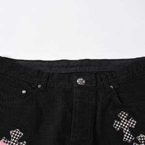 Very good condition CHROME HEARTS Cemetery Cross Patch Flare Knee Denim Pants Size 34 Haraco Black Plaid Used 4a000113