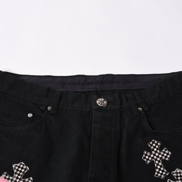 Very good condition CHROME HEARTS Cemetery Cross Patch Flare Knee Denim Pants Size 34 Haraco Black Plaid Used 4a000113