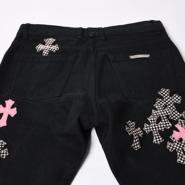 Very good condition CHROME HEARTS Cemetery Cross Patch Flare Knee Denim Pants Size 34 Haraco Black Plaid Used 4a000113