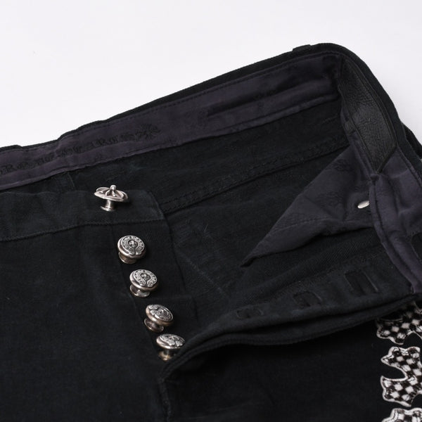 Very good condition CHROME HEARTS Cemetery Cross Patch Flare Knee Denim Pants Size 34 Haraco Black Plaid Used 4a000113