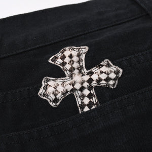 Very good condition CHROME HEARTS Cemetery Cross Patch Flare Knee Denim Pants Size 34 Haraco Black Plaid Used 4a000113