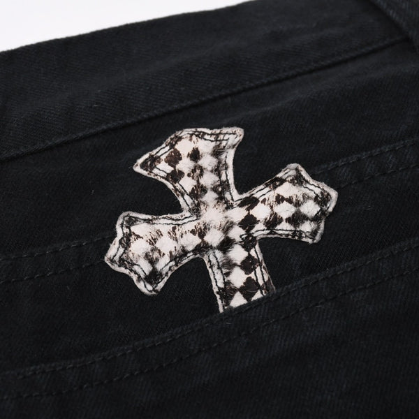 Very good condition CHROME HEARTS Cemetery Cross Patch Flare Knee Denim Pants Size 34 Haraco Black Plaid Used 4a000113