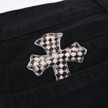 画像をギャラリービューアに読み込む, 極美品 CHROME HEARTS クロムハーツ セメタリークロスパッチ フレアニーデニムパンツ サイズ34 ハラコ ブラック チェック柄 中古 4a000113