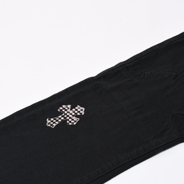 Very good condition CHROME HEARTS Cemetery Cross Patch Flare Knee Denim Pants Size 34 Haraco Black Plaid Used 4a000113