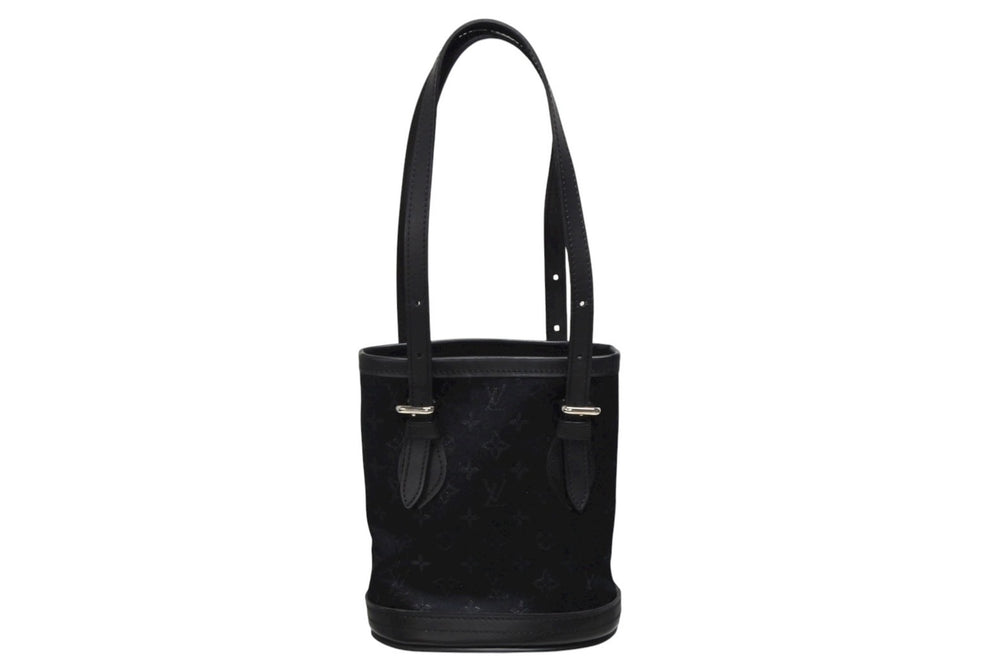 Very Good Condition LOUIS VUITTON Monogram Satin Little Bucket Handbag M92144 Leather Black Silver Hardware Used 4b008446