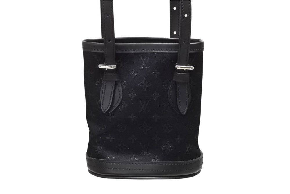 Very Good Condition LOUIS VUITTON Monogram Satin Little Bucket Handbag M92144 Leather Black Silver Hardware Used 4b008446