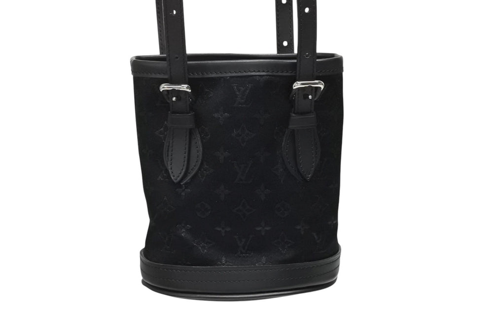 Very Good Condition LOUIS VUITTON Monogram Satin Little Bucket Handbag M92144 Leather Black Silver Hardware Used 4b008446