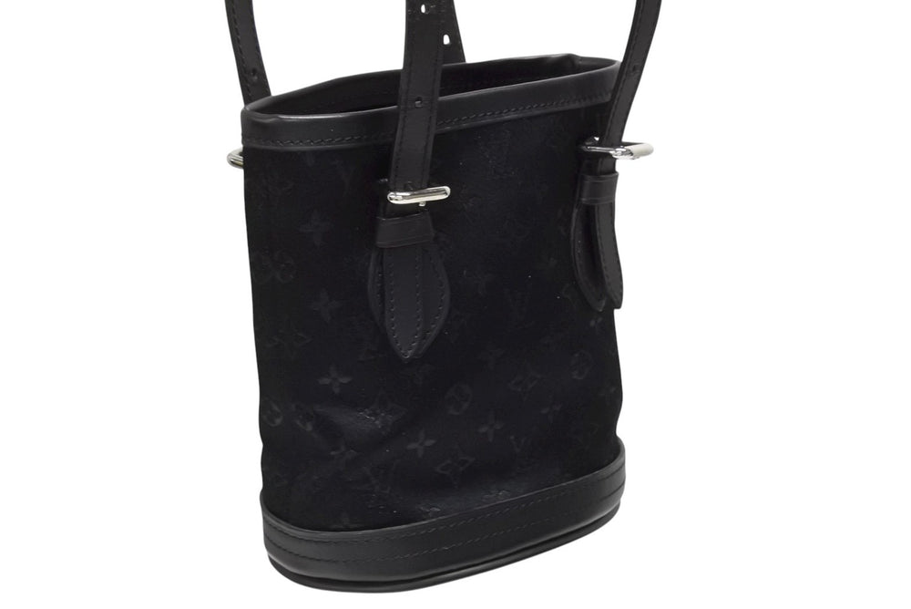 Very Good Condition LOUIS VUITTON Monogram Satin Little Bucket Handbag M92144 Leather Black Silver Hardware Used 4b008446
