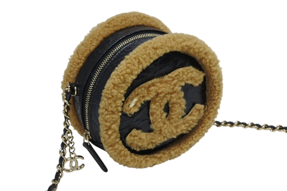 極美品 CHANEL シャネル シアリング ラウンドチェーンショルダーバッグ 28番台 ココマーク ブラック ブラウン ゴールド金具 中古 4b008494
