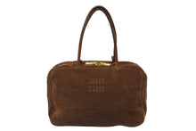 画像をギャラリービューアに読み込む, MIUMIU ミュウミュウ スエード ボー ハンドバッグ 5BB117 ブラウン エンボスロゴ イタリア製 ゴールド金具 美品 中古 4b008534