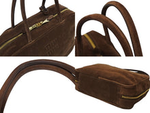 画像をギャラリービューアに読み込む, MIUMIU ミュウミュウ スエード ボー ハンドバッグ 5BB117 ブラウン エンボスロゴ イタリア製 ゴールド金具 美品 中古 4b008534