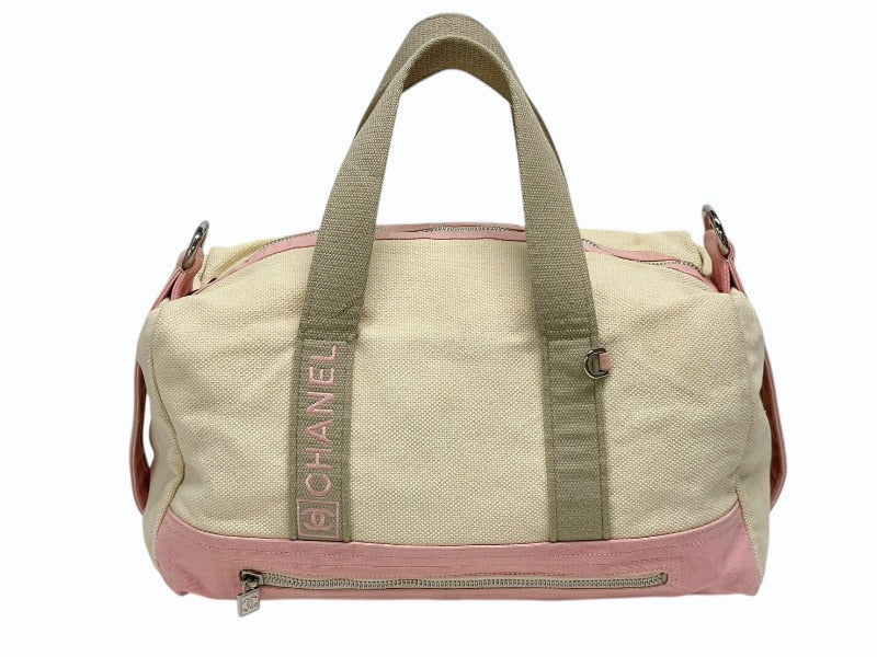 CHANEL シャネル スポーツライン ボストンバッグ ココマーク 12番台 キャンバス アイボリー ピンク シルバー金具 中古 4b008572