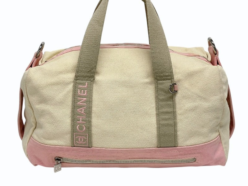 CHANEL シャネル スポーツライン ボストンバッグ ココマーク 12番台 キャンバス アイボリー ピンク シルバー金具 中古 4b008572