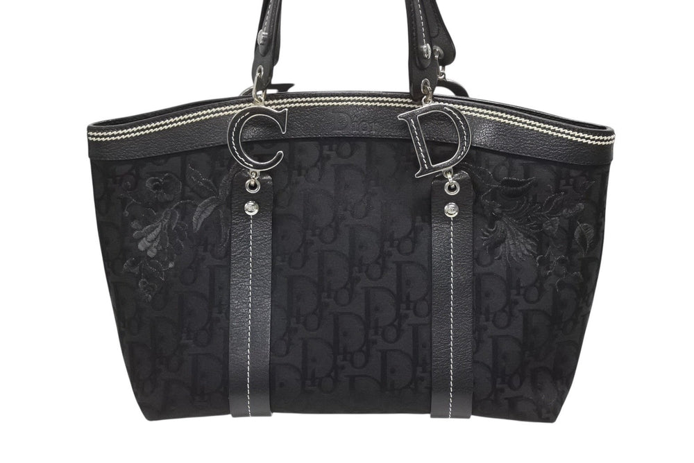Dior ディオール トロッター ハンドバッグ 総柄 ブラック コットンキャンバス 07-BO-0035 レザー シルバー金具 美品 中古 4b008587