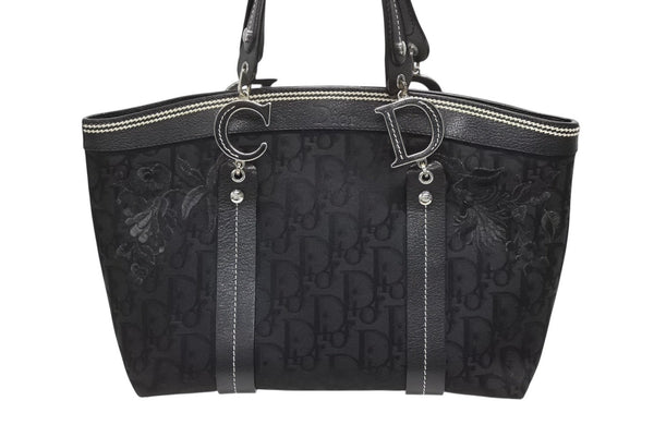 Dior Trotter Handbag All Over Pattern Black Cotton Canvas 07-BO-0035 Leather Silver Hardware Good Condition Used 4b008587