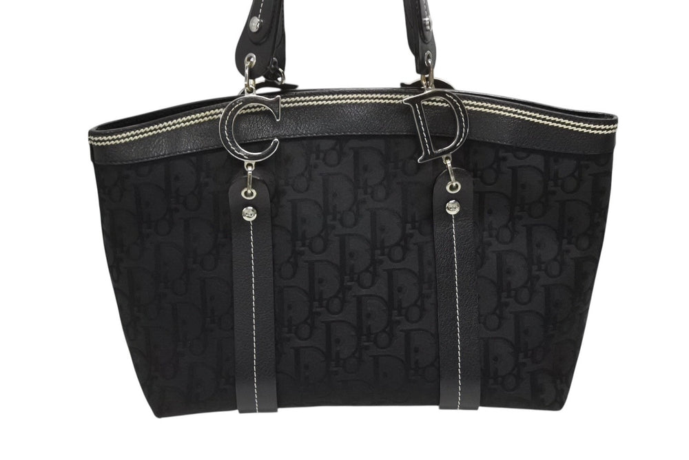 Dior ディオール トロッター ハンドバッグ 総柄 ブラック コットンキャンバス 07-BO-0035 レザー シルバー金具 美品 中古 4b008587