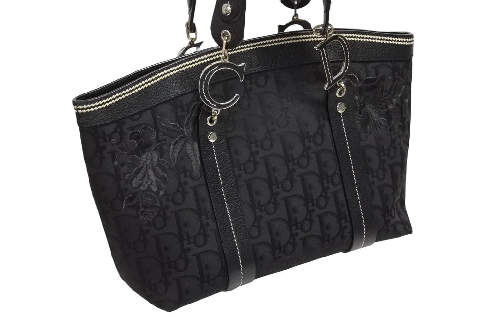 Dior ディオール トロッター ハンドバッグ 総柄 ブラック コットンキャンバス 07-BO-0035 レザー シルバー金具 美品 中古 4b008587