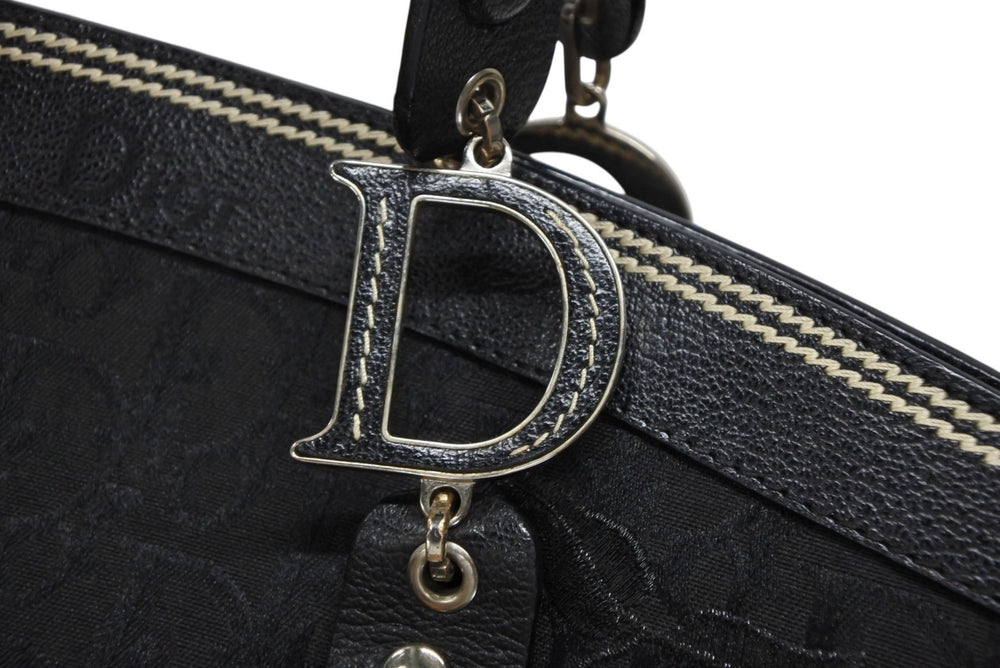 Dior ディオール トロッター ハンドバッグ 総柄 ブラック コットンキャンバス 07-BO-0035 レザー シルバー金具 美品 中古 4b008587