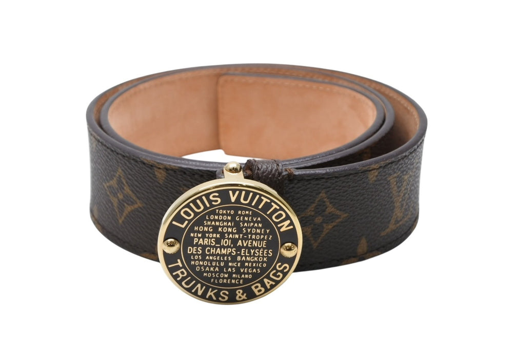 極美品 LOUIS VUITTON ルイヴィトン サンチュール T&B ベルト M6975U レザー メタル ブラウン ゴールド金具 サイズ80/32 中古 4b008597