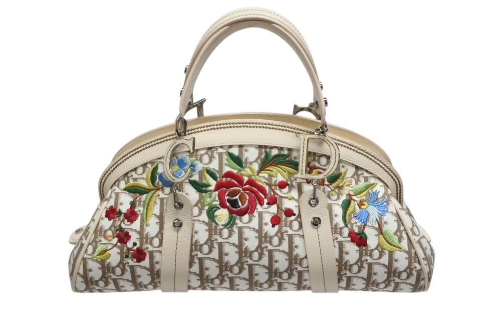 Christian Dior Trotter Handbag Floral Embroidery 05-MA-0035 Canvas Beige Good Condition Used 4b008618