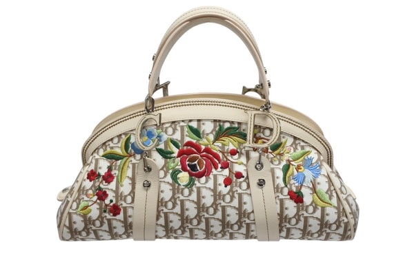 Christian Dior クリスチャンディオール トロッター ハンドバッグ 花柄 刺繍 05-MA-0035 キャンバス ベージュ 美品 中古 4b008618