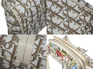 Christian Dior クリスチャンディオール トロッター ハンドバッグ 花柄 刺繍 05-MA-0035 キャンバス ベージュ 美品 中古 4b008618